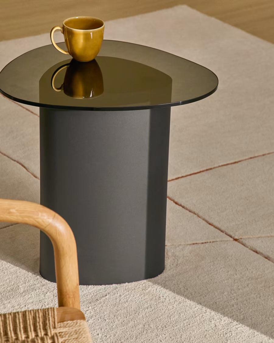 Kave Home Olir Side Table in Tempered Glass and Black Steel 48 x 46,8 cm