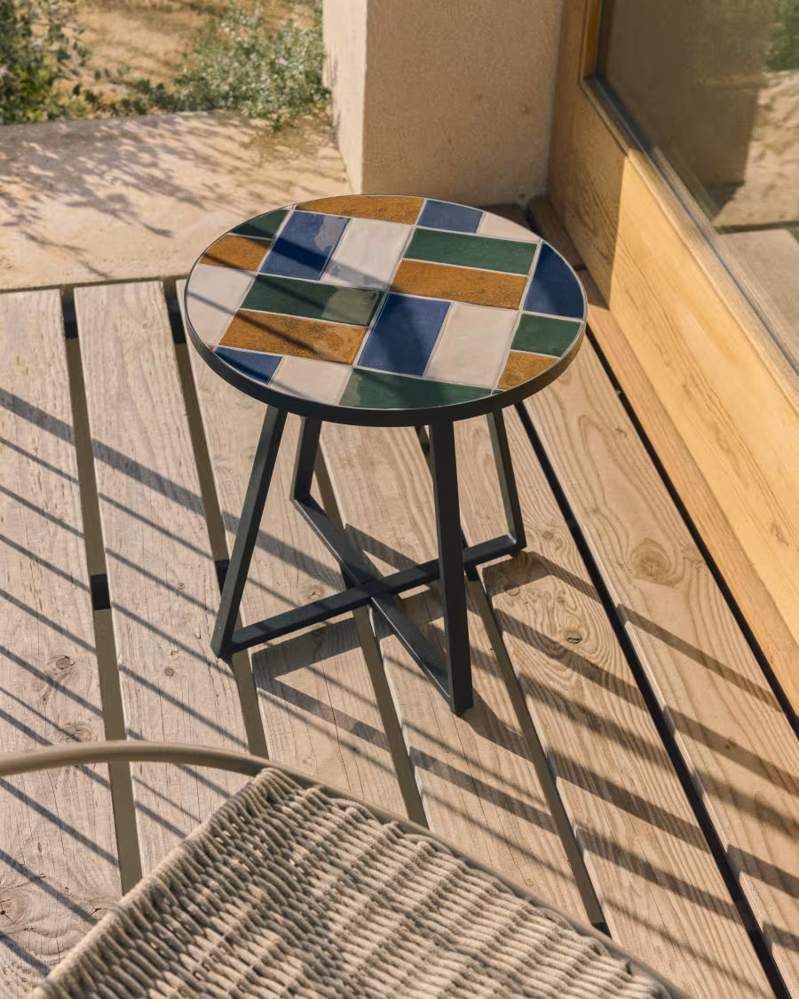 Kave Home Tella Round Side Table in Graphite Galvanised Steel with Multicoloured Tiles Ø45 cm