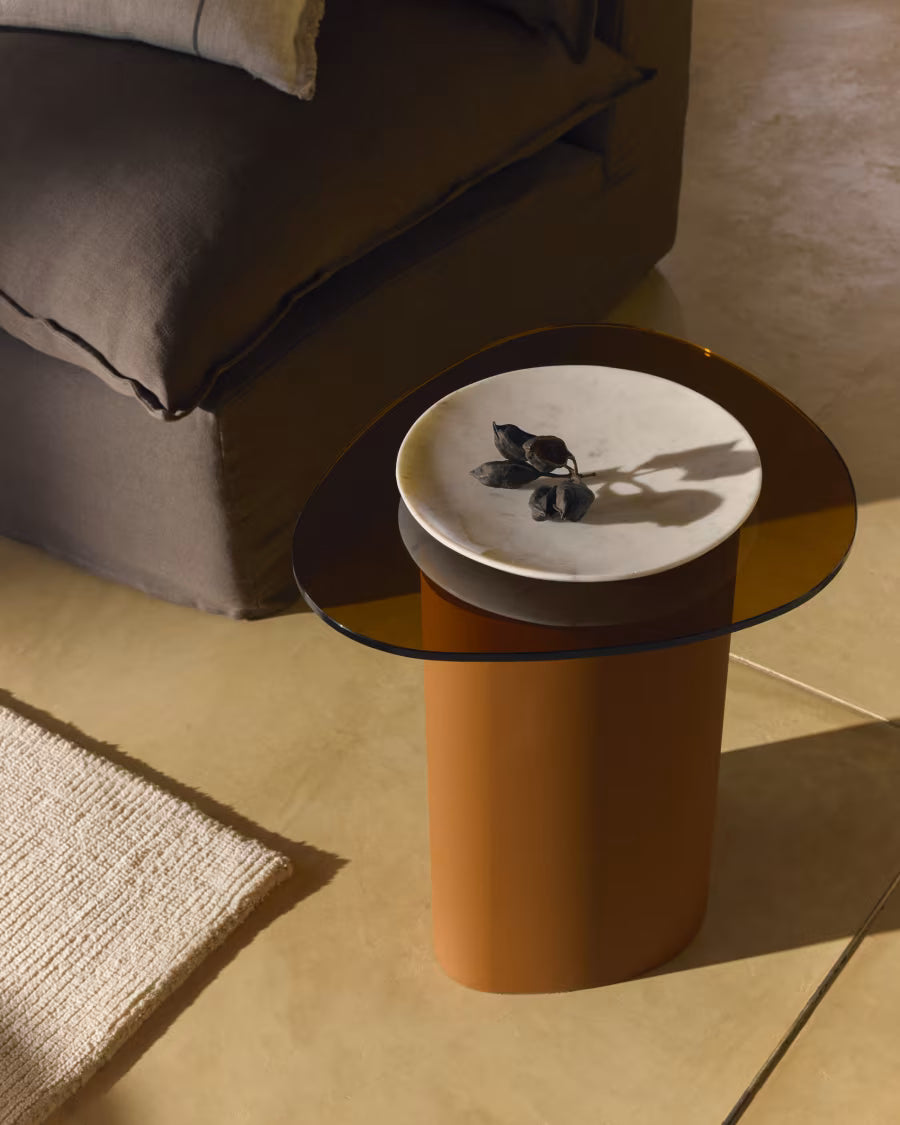 Kave Home Olir Side Table in Tempered Glass and Brown Steel 48 x 46,8 cm