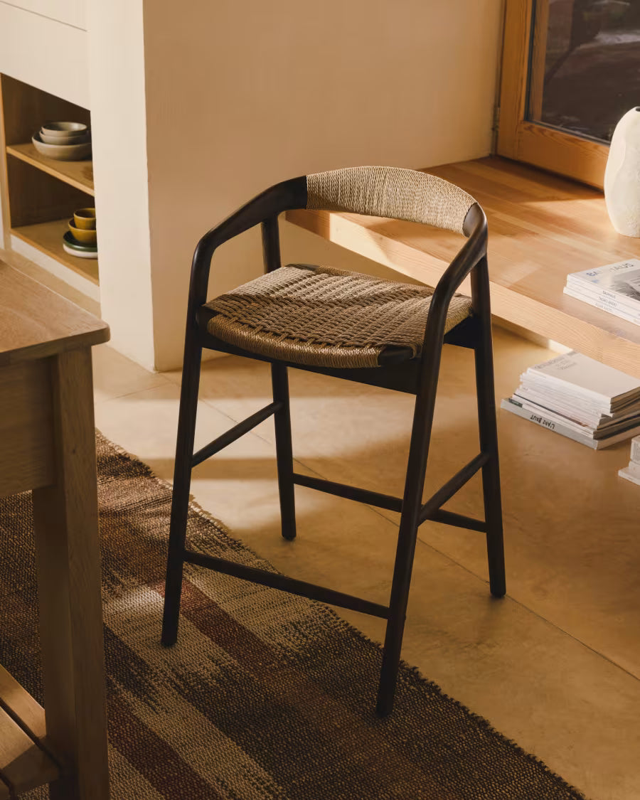 Kave Home Derile Stool in Solid Oak Wood with Walnut Finish and Beige Paper Rope Cord FSC Mix Credit 65 cm