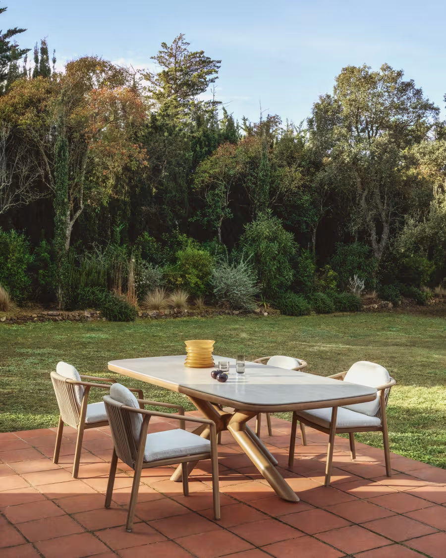 Kave Home Mirtia Outdoor Table in Wood-Effect Aluminium and Ecru Sintered Stone 240 x 110cm
