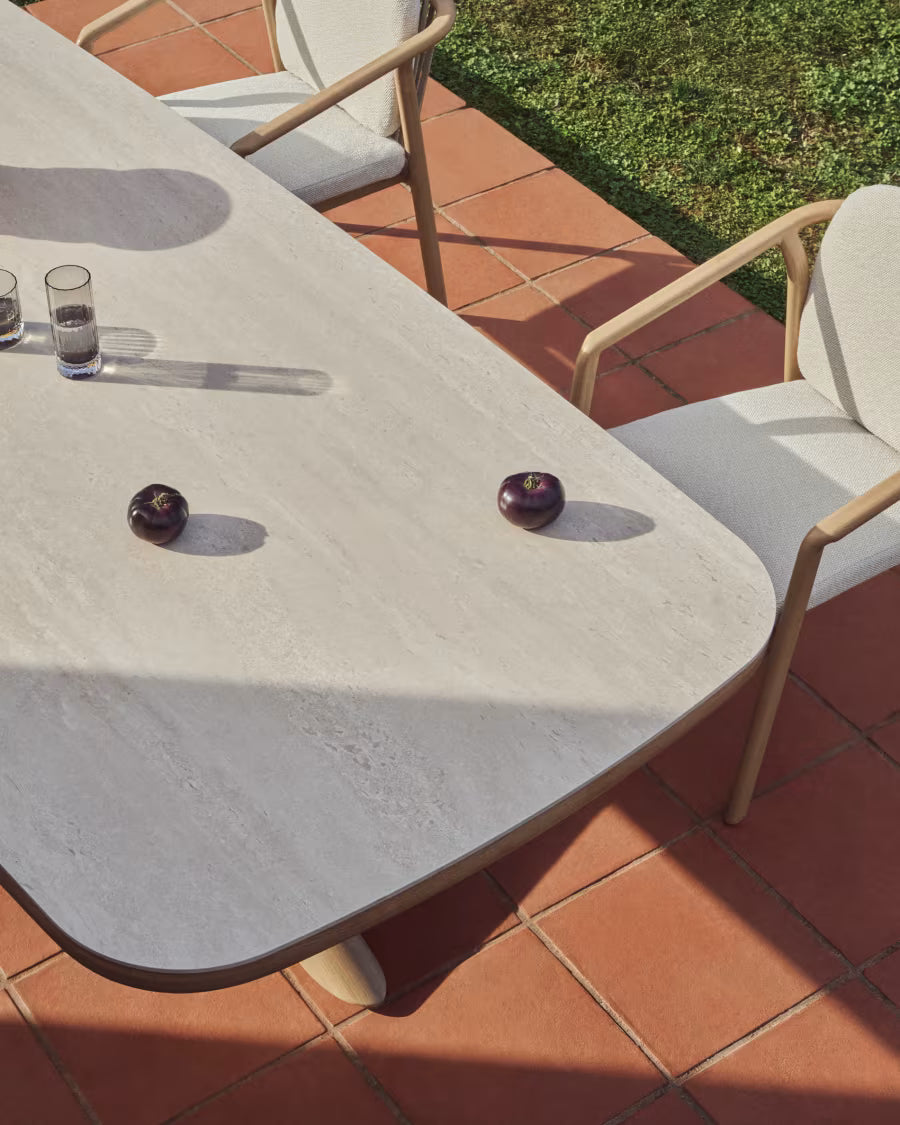 Kave Home Mirtia Outdoor Table in Wood-Effect Aluminium and Ecru Sintered Stone 240 x 110cm
