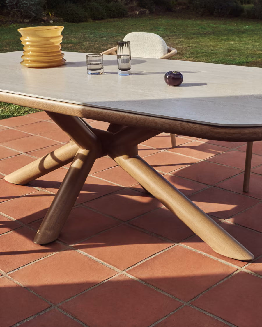 Kave Home Mirtia Outdoor Table in Wood-Effect Aluminium and Ecru Sintered Stone 240 x 110cm