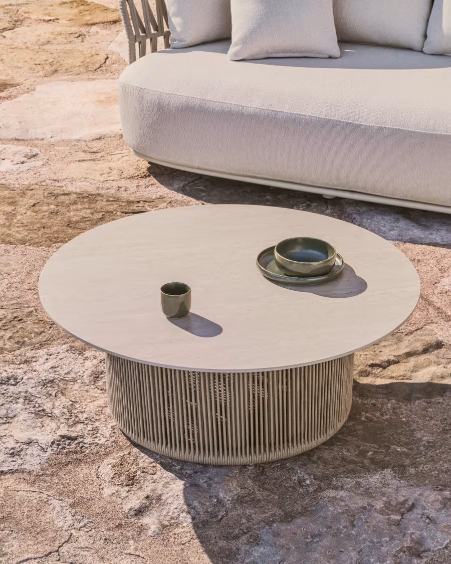 Kave Home Orosei Outdoor Coffee Table in Sintered Stone, Ecru Aluminium and Beige Rope Ø 90 cm