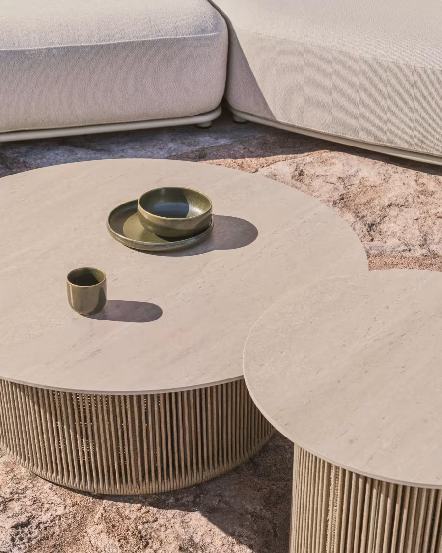 Kave Home Orosei Outdoor Coffee Table in Sintered Stone, Ecru Aluminium and Beige Rope Ø 90 cm