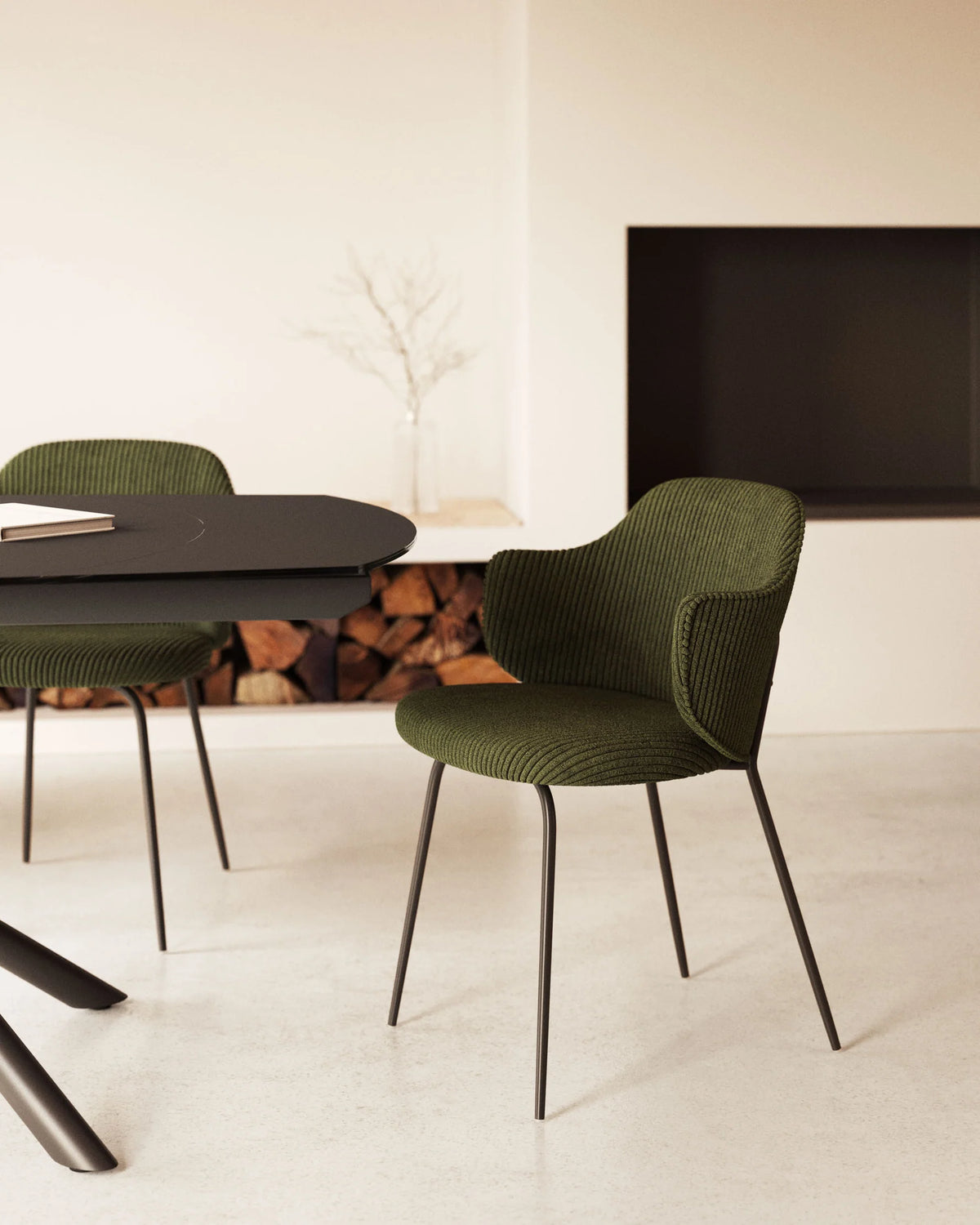 Kave Home Yunia Chair in Green Ribbed Velvet with Steel Legs in a Black Painted Finish FR