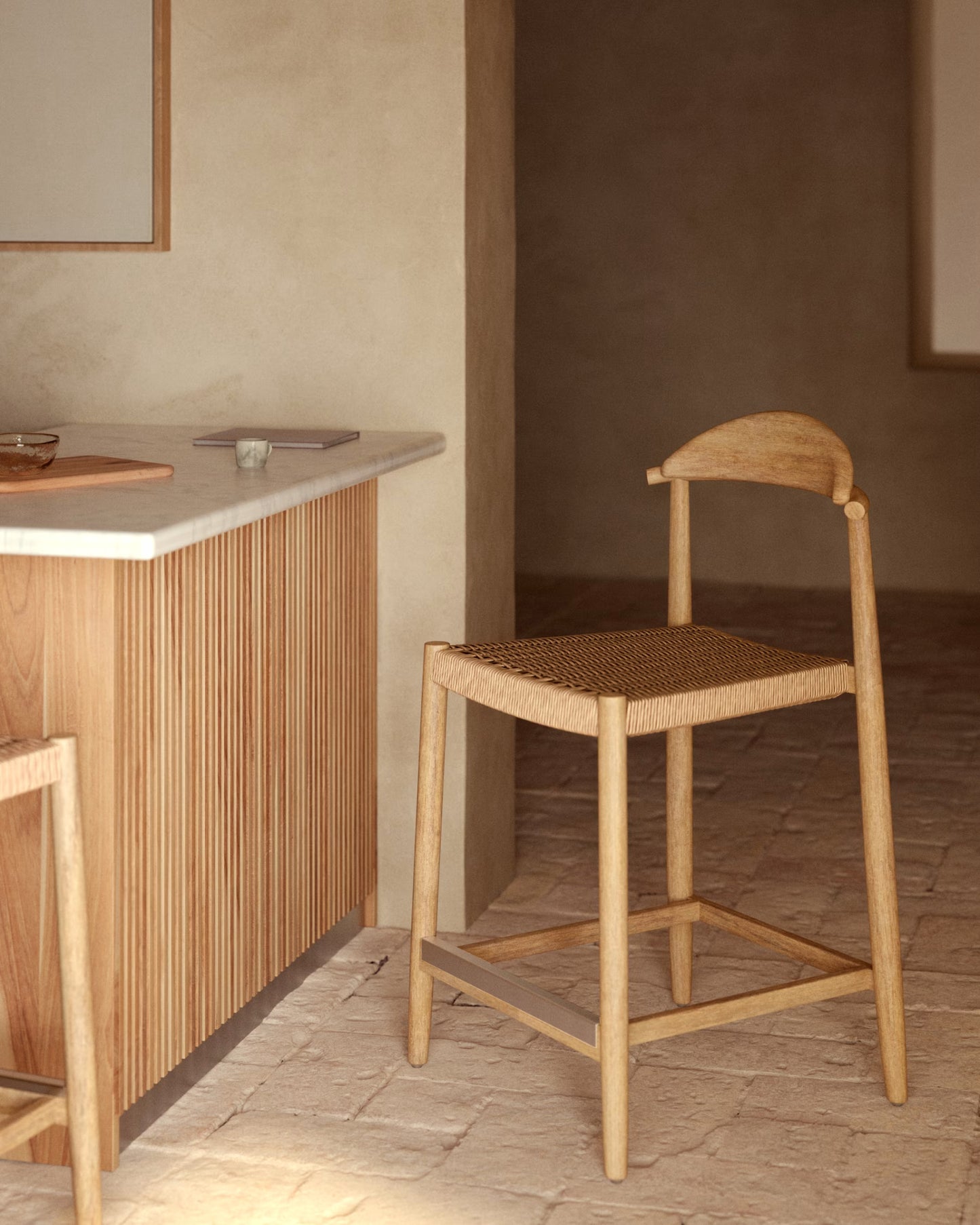 Kave Home Nina Stool in Solid Acacia Wood Height 62 cm