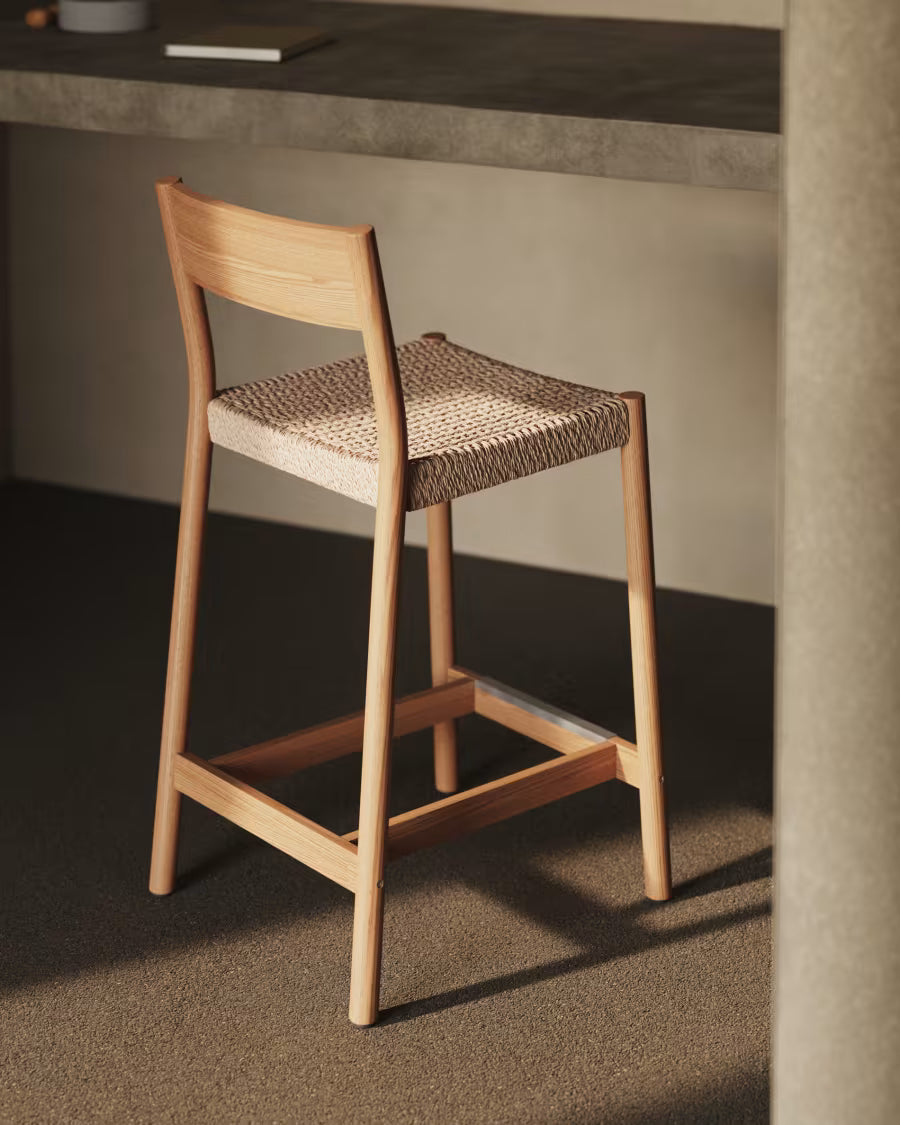 Kave Home Yalia Stool with Backrest in Solid Oak Wood with Natural Finish and Rope Seat, 65 cm, FSC Mix Credit