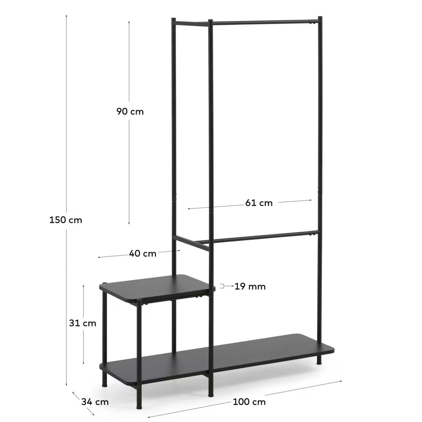 Kave Home Galatia Melamine and Metal Clothes Rail with Bench in Black Finish 100 x 150 cm