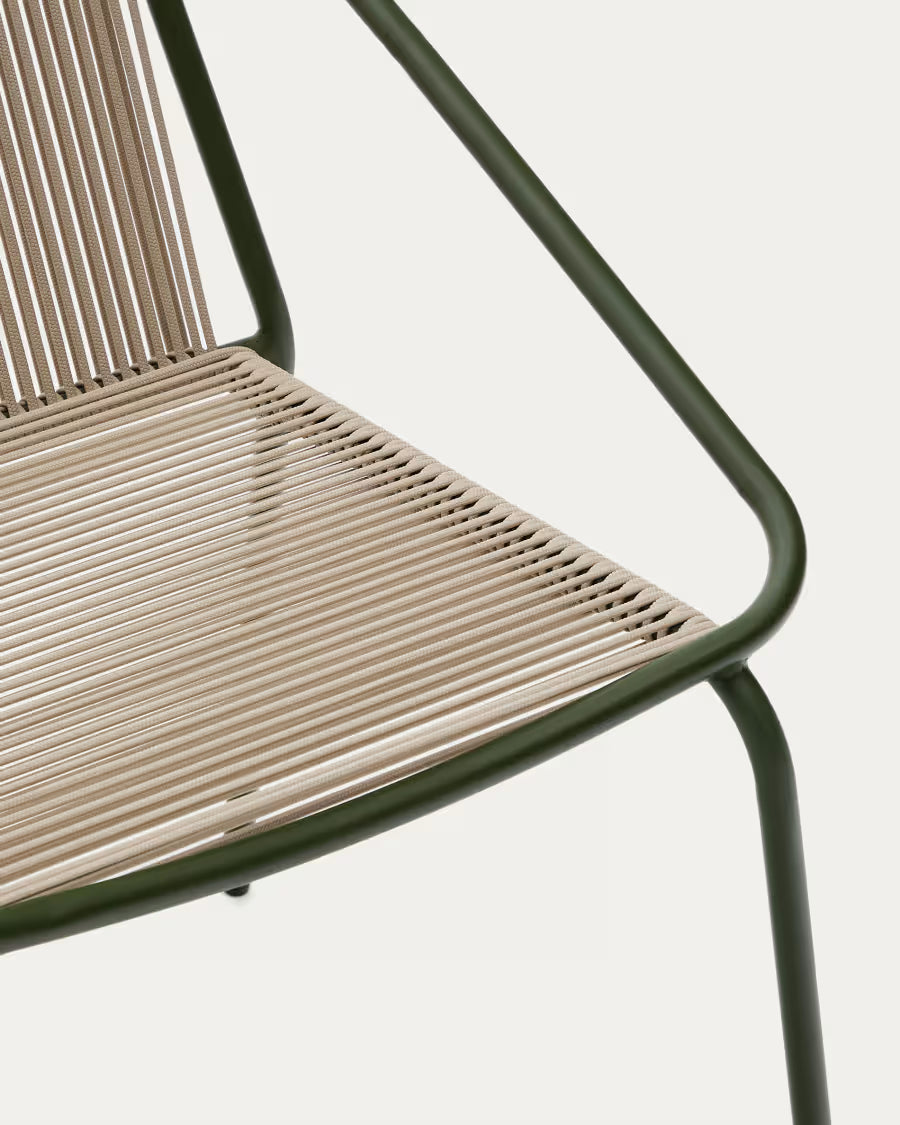 Kave Home Zivia Stackable Outdoor Chair in Ecru Rope Cord and Green Galvanised Steel
