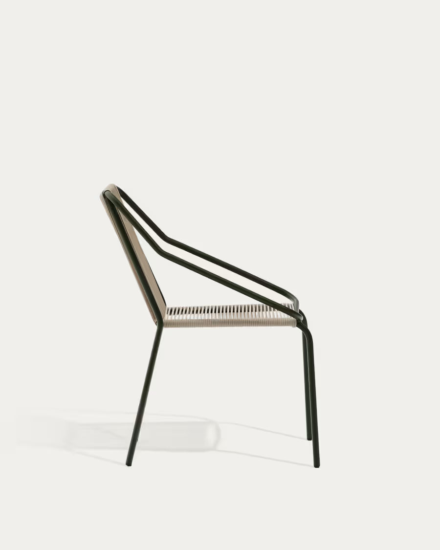 Kave Home Zivia Stackable Outdoor Chair in Ecru Rope Cord and Green Galvanised Steel