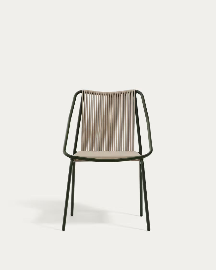Kave Home Zivia Stackable Outdoor Chair in Ecru Rope Cord and Green Galvanised Steel