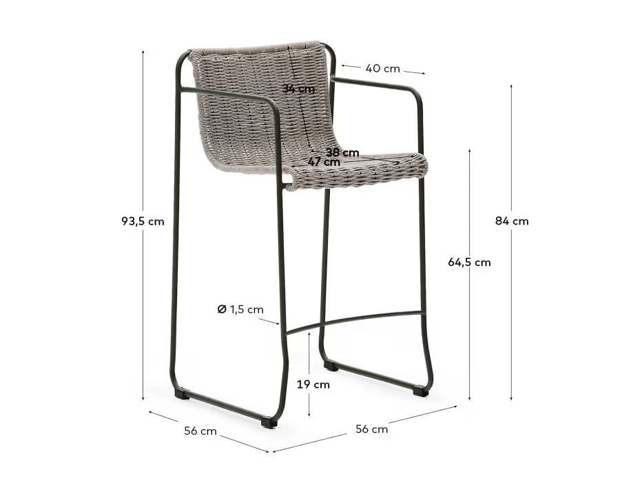Kave Home Maurina Stool in Green Galvanised Steel and Ecru and Grey Rope Cord 64,5cm