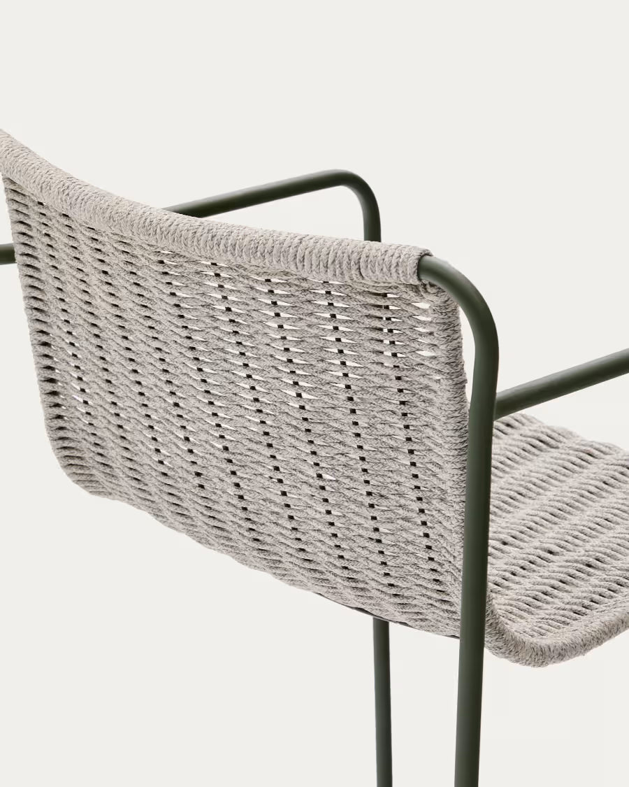 Kave Home Maurina Stool in Green Galvanised Steel and Ecru and Grey Rope Cord 64,5cm