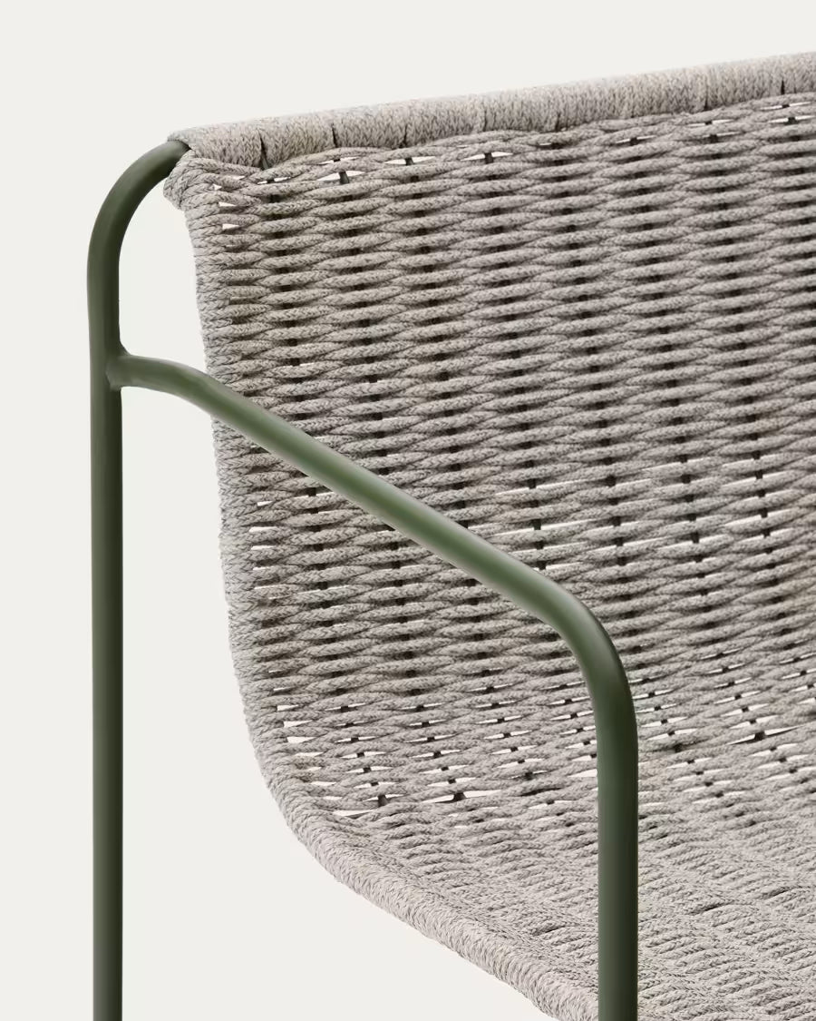 Kave Home Maurina Stool in Green Galvanised Steel and Ecru and Grey Rope Cord 64,5cm