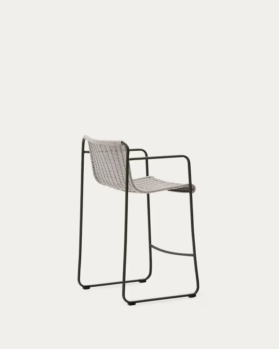 Kave Home Maurina Stool in Green Galvanised Steel and Ecru and Grey Rope Cord 64,5cm