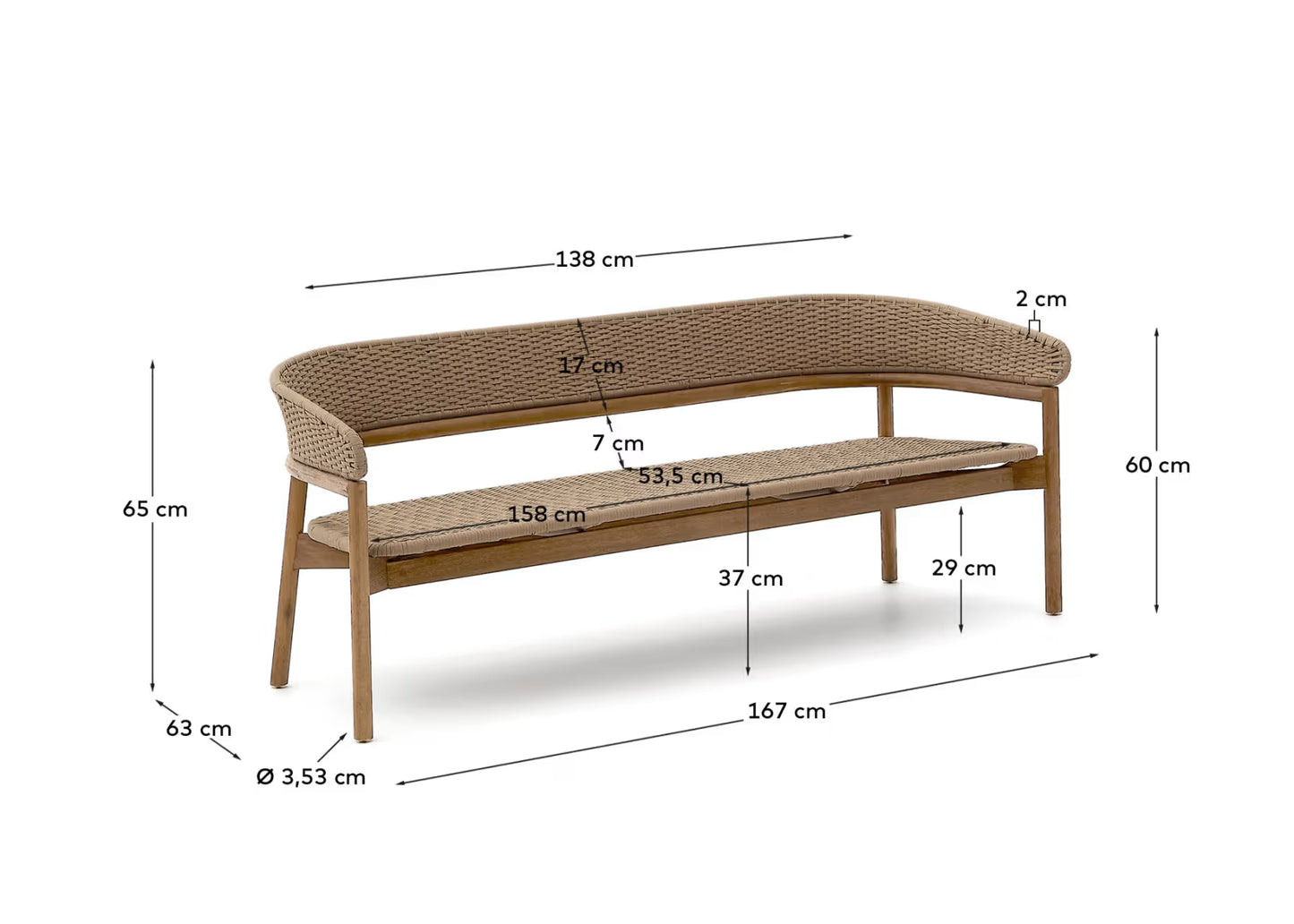 Kave Home Arinella 3-seater Sofa in FSC 100% Solid Acacia Wood with Natural Finish and Beige Rope Cord 167 cm