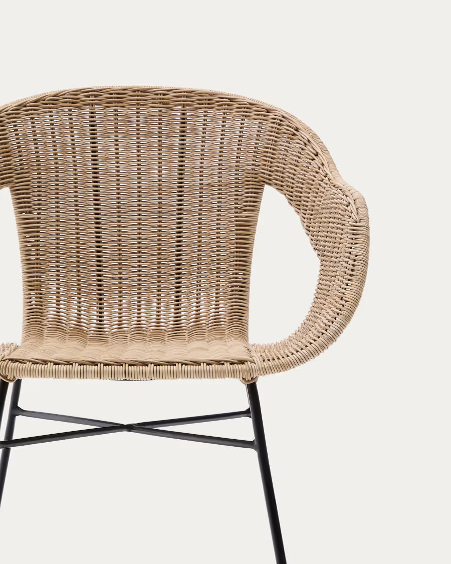 Kave Home Eltiera Stackable Chair in Synthetic Rattan with Black Steel Frame