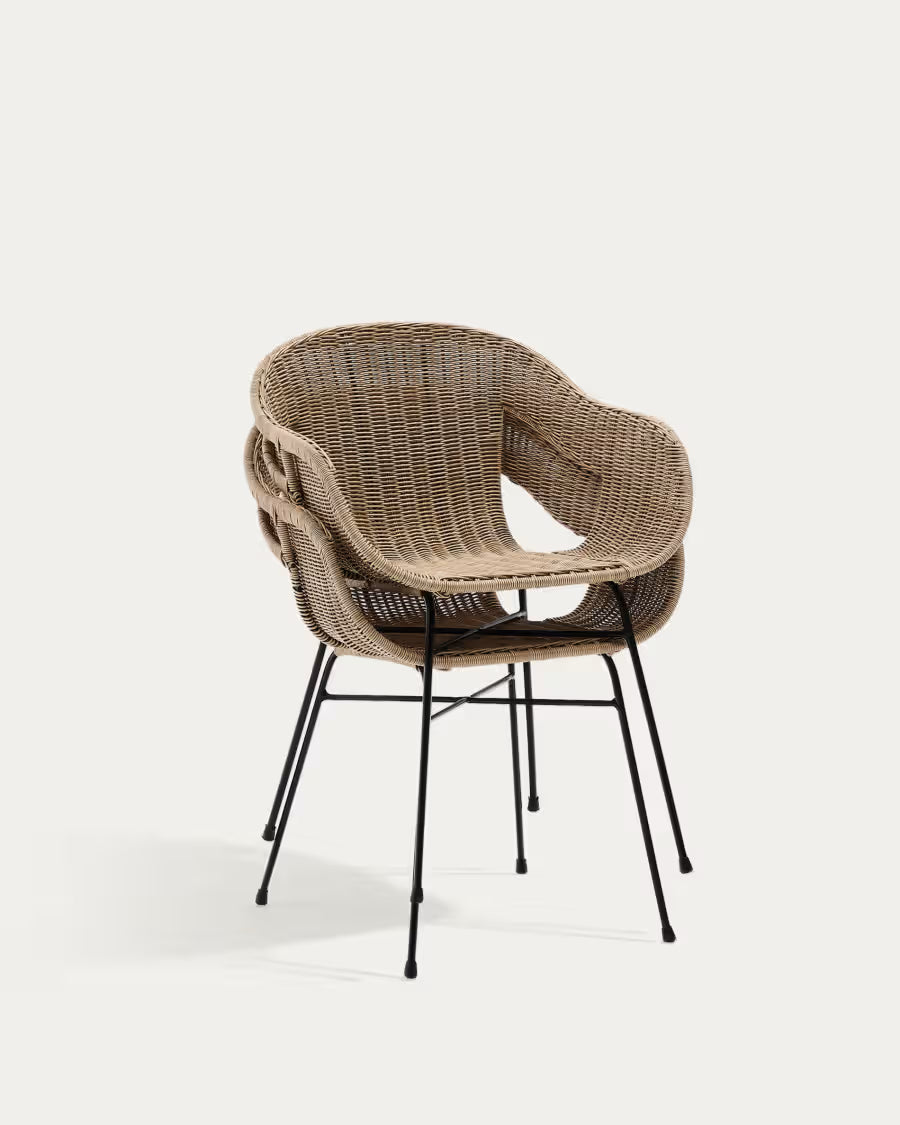 Kave Home Eltiera Stackable Chair in Synthetic Rattan with Black Steel Frame