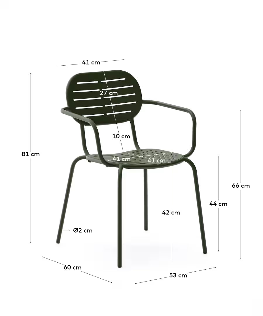 Kave Home Brai Stackable Outdoor Chair with Armrests in Green Galvanised Steel