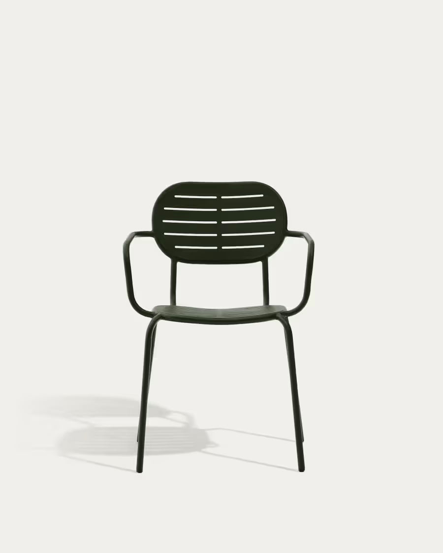 Kave Home Brai Stackable Outdoor Chair with Armrests in Green Galvanised Steel