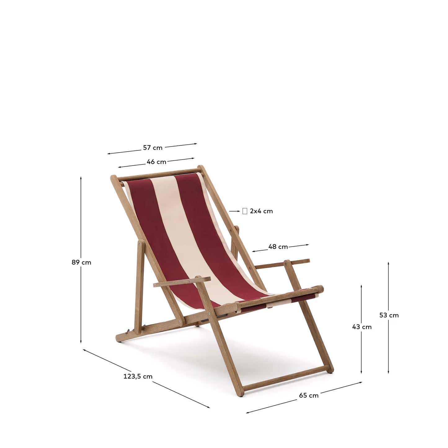 Kave Home Vilara Burgundy and Beige Striped Outdoor Folding Deck Chair Made of FSC 100% Solid Acacia Wood