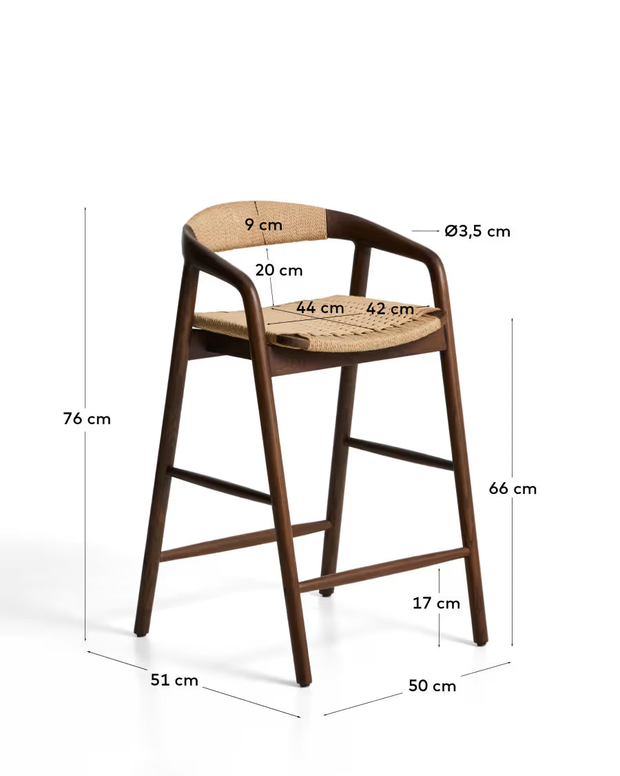 Kave Home Derile Stool in Solid Oak Wood with Walnut Finish and Beige Paper Rope Cord FSC Mix Credit 65 cm
