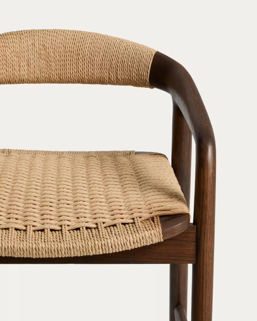 Kave Home Derile Stool in Solid Oak Wood with Walnut Finish and Beige Paper Rope Cord FSC Mix Credit 65 cm