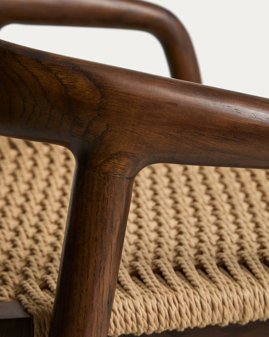 Kave Home Derile Stool in Solid Oak Wood with Walnut Finish and Beige Paper Rope Cord FSC Mix Credit 65 cm