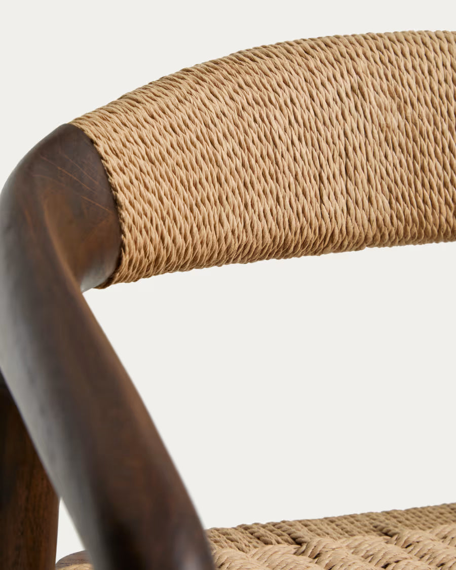 Kave Home Derile Stool in Solid Oak Wood with Walnut Finish and Beige Paper Rope Cord FSC Mix Credit 65 cm