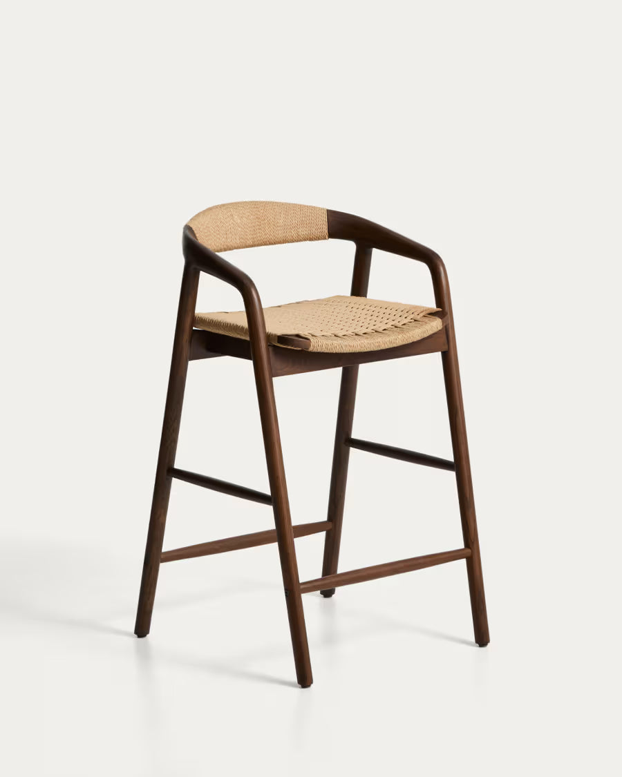Kave Home Derile Stool in Solid Oak Wood with Walnut Finish and Beige Paper Rope Cord FSC Mix Credit 65 cm