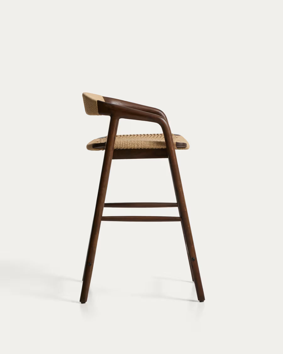 Kave Home Derile Stool in Solid Oak Wood with Walnut Finish and Beige Paper Rope Cord FSC Mix Credit 65 cm