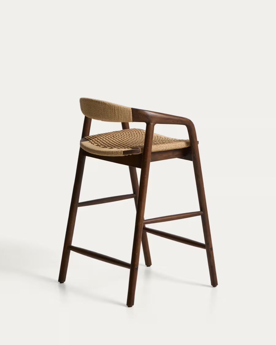 Kave Home Derile Stool in Solid Oak Wood with Walnut Finish and Beige Paper Rope Cord FSC Mix Credit 65 cm