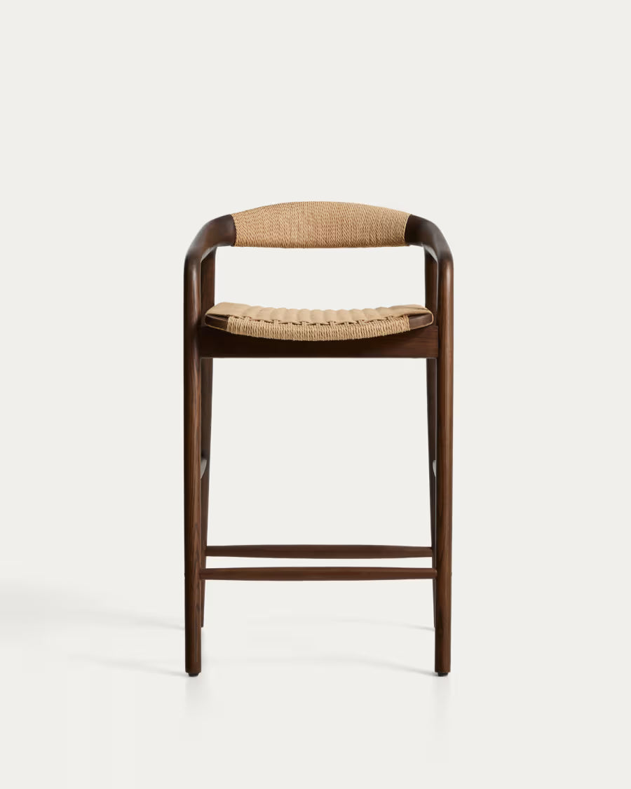 Kave Home Derile Stool in Solid Oak Wood with Walnut Finish and Beige Paper Rope Cord FSC Mix Credit 65 cm