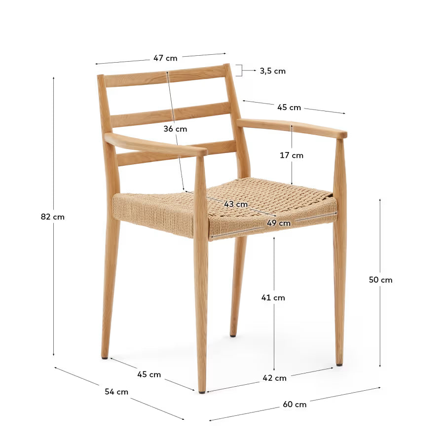 Kave Home Analy Chair with Armrests in Solid Oak Wood with Natural Finish and Rope Seat FSC Mix Credit