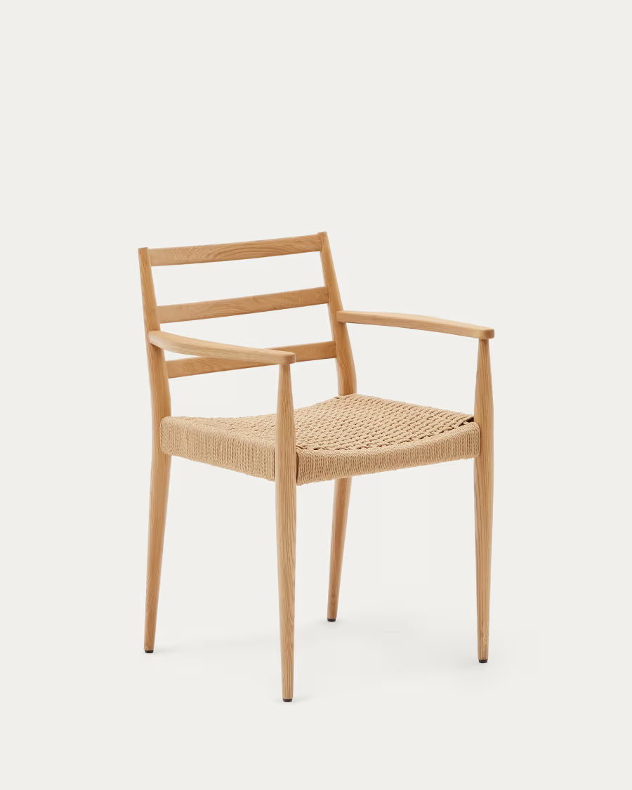Kave Home Analy Chair with Armrests in Solid Oak Wood with Natural Finish and Rope Seat FSC Mix Credit