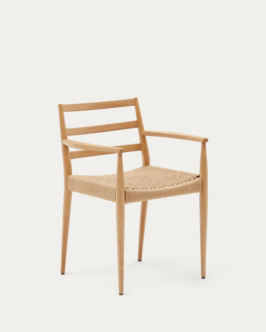 Kave Home Analy Chair with Armrests in Solid Oak Wood with Natural Finish and Rope Seat FSC Mix Credit