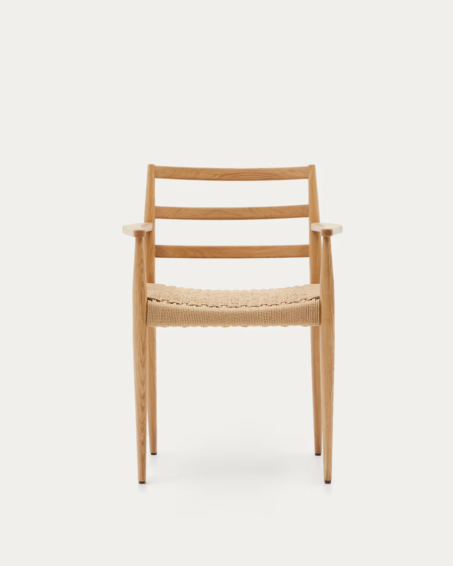 Kave Home Analy Chair with Armrests in Solid Oak Wood with Natural Finish and Rope Seat FSC Mix Credit