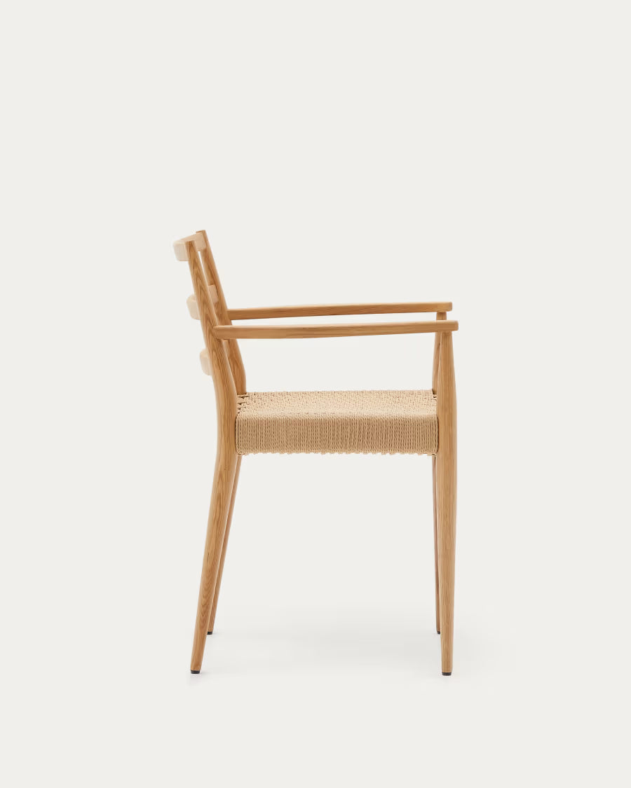Kave Home Analy Chair with Armrests in Solid Oak Wood with Natural Finish and Rope Seat FSC Mix Credit
