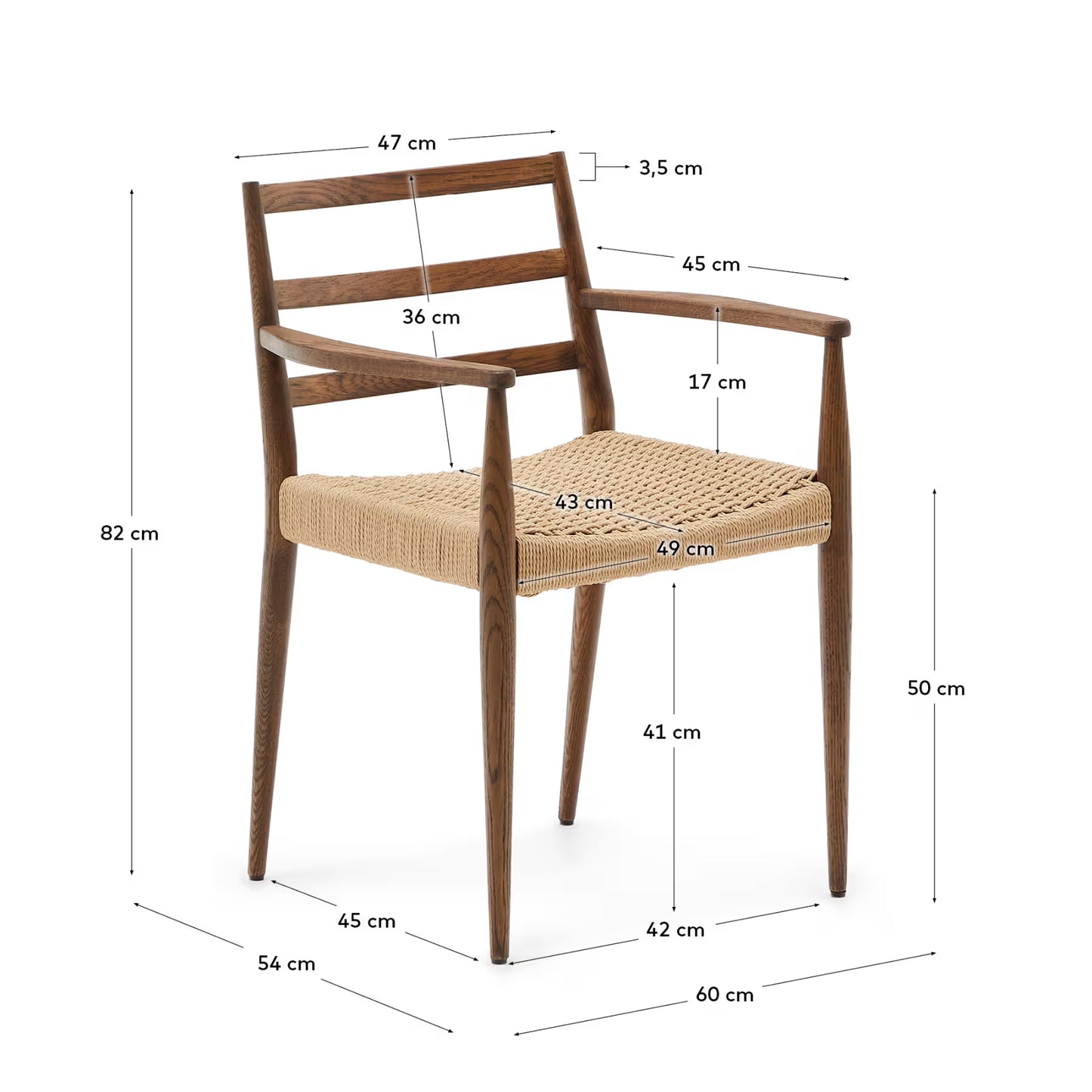 Kave Home Analy Chair with Armrests in Solid Oak Wood with Walnut Finish and Rope Seat FSC Mix Credit