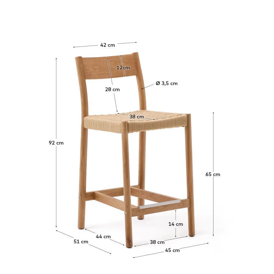 Kave Home Yalia Stool with Backrest in Solid Oak Wood with Natural Finish and Rope Seat, 65 cm, FSC Mix Credit