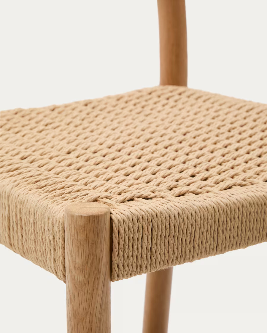 Kave Home Yalia Stool with Backrest in Solid Oak Wood with Natural Finish and Rope Seat, 65 cm, FSC Mix Credit