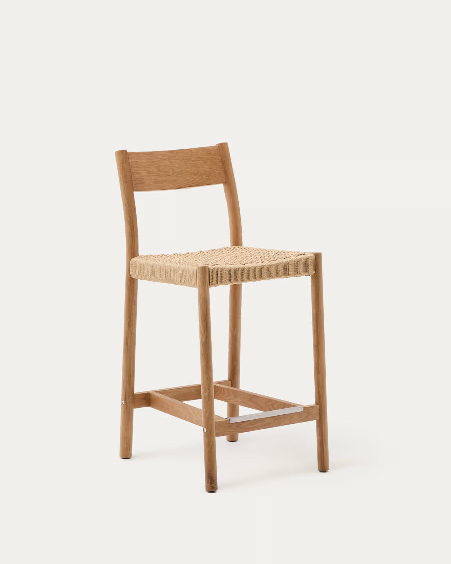 Kave Home Yalia Stool with Backrest in Solid Oak Wood with Natural Finish and Rope Seat, 65 cm, FSC Mix Credit