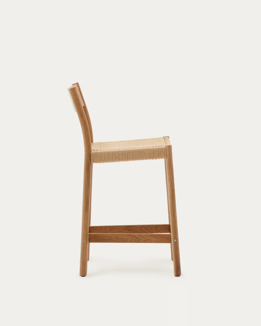 Kave Home Yalia Stool with Backrest in Solid Oak Wood with Natural Finish and Rope Seat, 65 cm, FSC Mix Credit