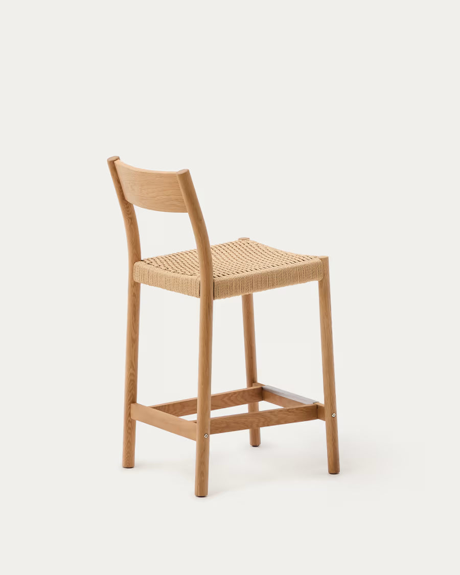 Kave Home Yalia Stool with Backrest in Solid Oak Wood with Natural Finish and Rope Seat, 65 cm, FSC Mix Credit