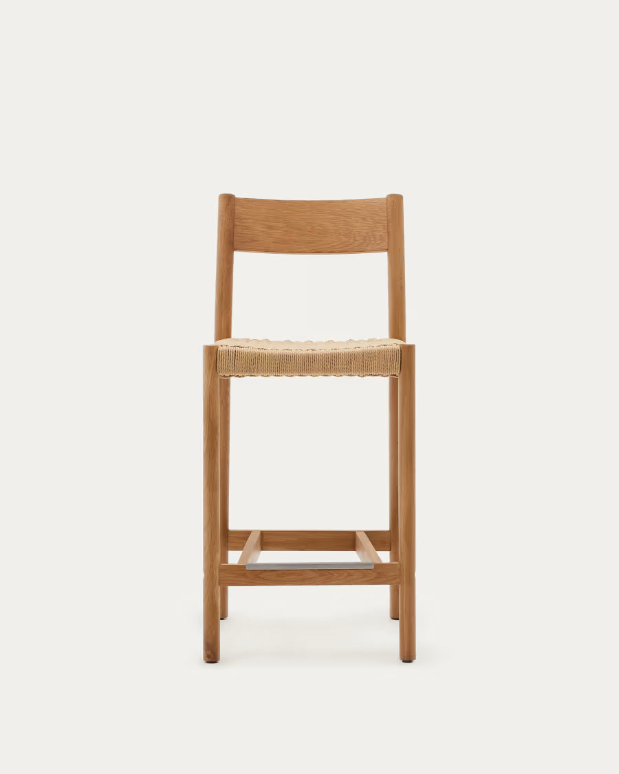 Kave Home Yalia Stool with Backrest in Solid Oak Wood with Natural Finish and Rope Seat, 65 cm, FSC Mix Credit