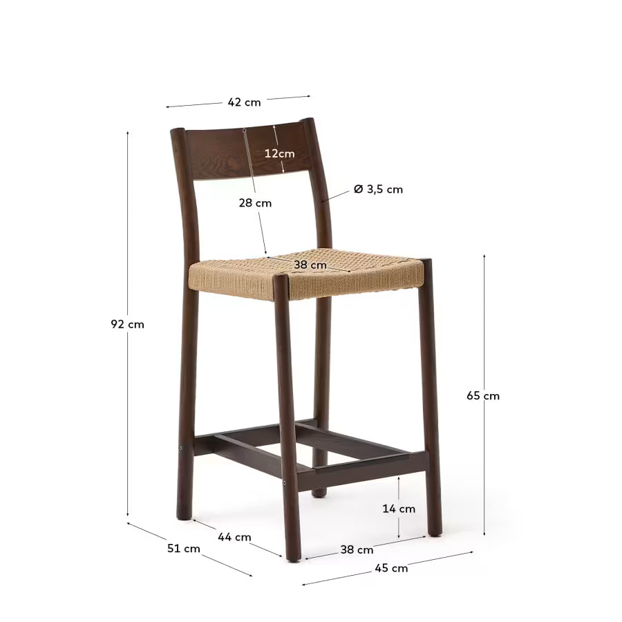 Kave Home Yalia Stool with Backrest in Solid Oak Wood with Walnut Finish and Rope Seat, 65 cm, FSC Mix Credit