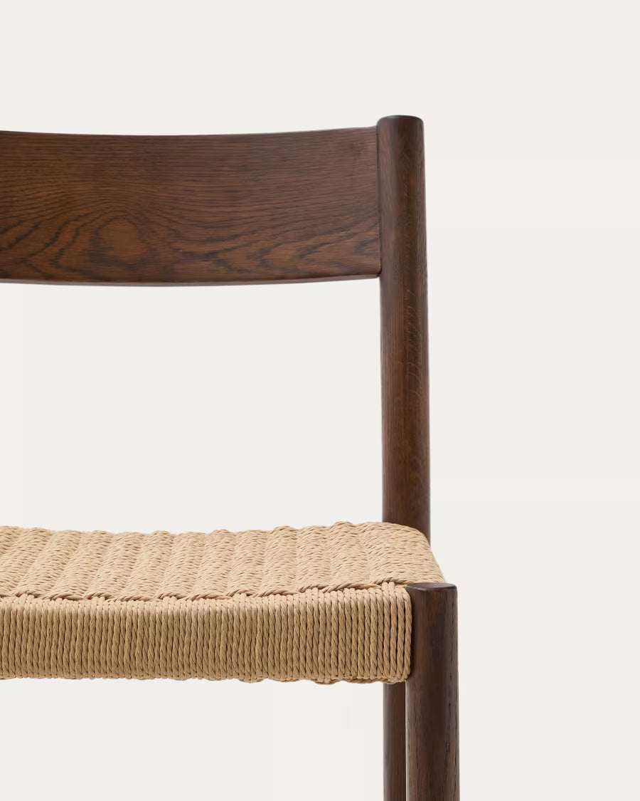Kave Home Yalia Stool with Backrest in Solid Oak Wood with Walnut Finish and Rope Seat, 65 cm, FSC Mix Credit