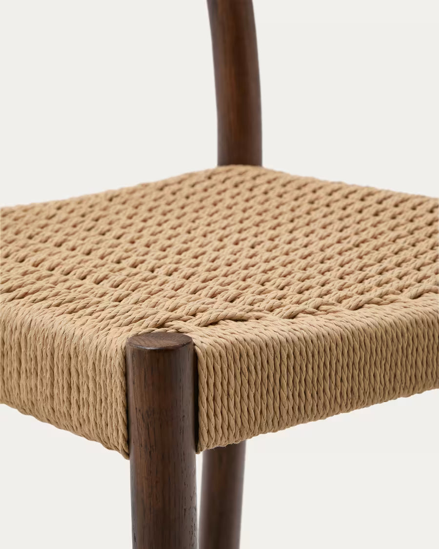 Kave Home Yalia Stool with Backrest in Solid Oak Wood with Walnut Finish and Rope Seat, 65 cm, FSC Mix Credit