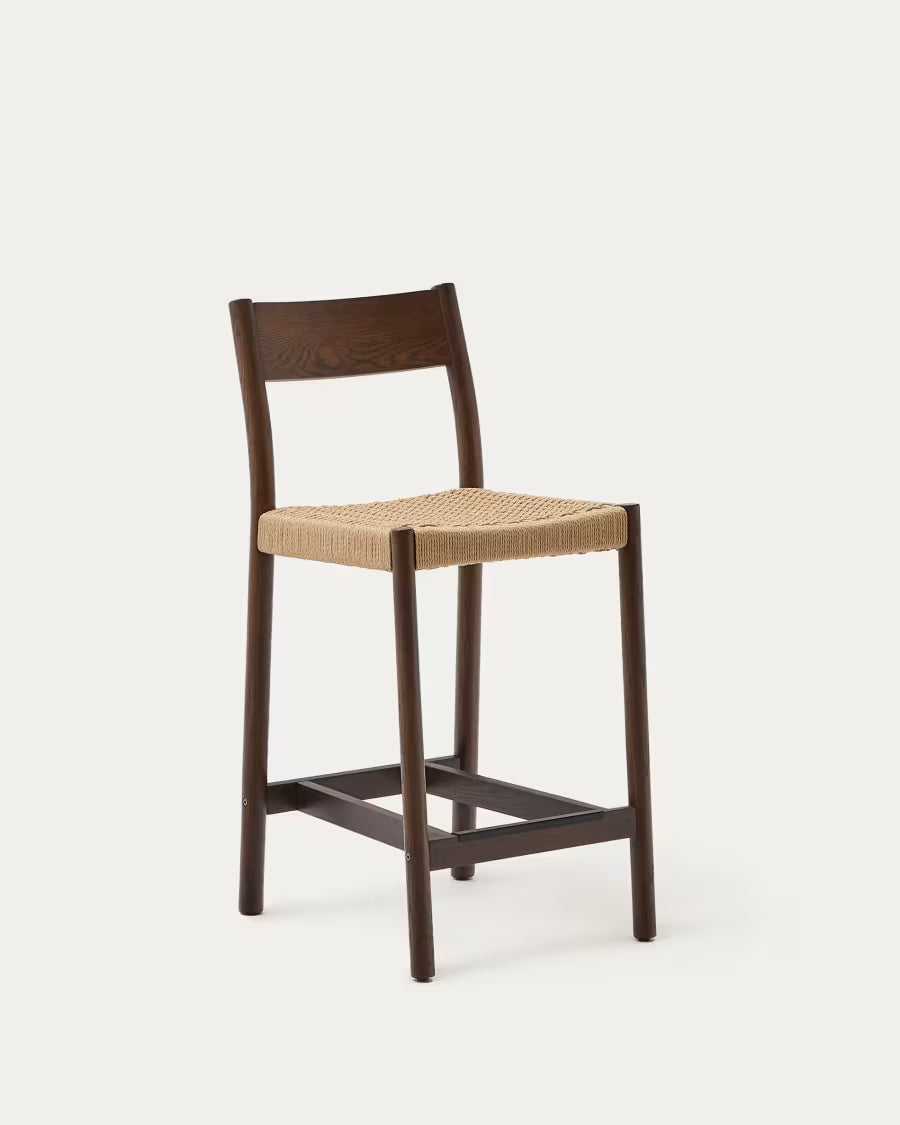 Kave Home Yalia Stool with Backrest in Solid Oak Wood with Walnut Finish and Rope Seat, 65 cm, FSC Mix Credit
